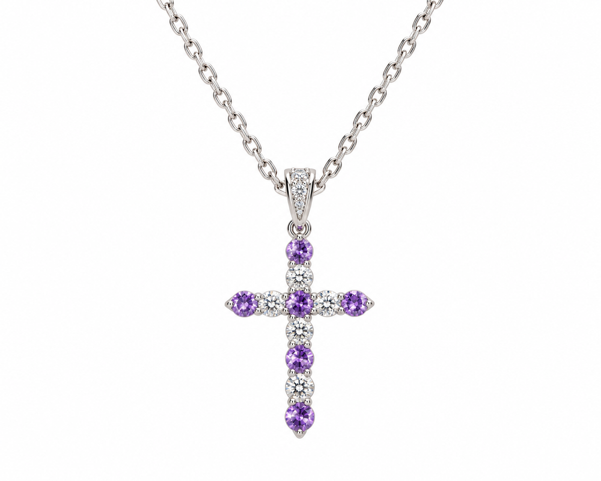 Amethyst & Lab Diamond Cross Pendant