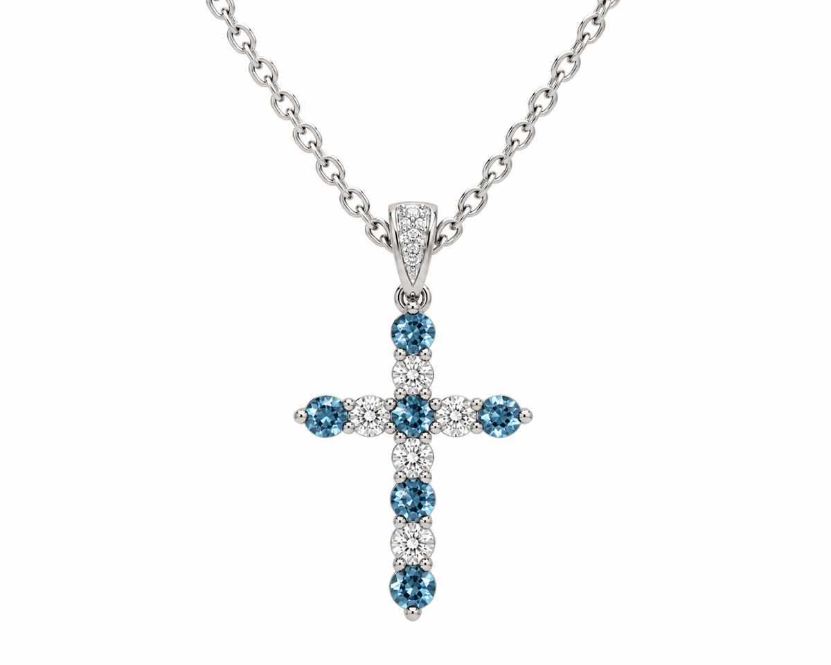 Blue Topaz & Lab Diamond Cross Pendant