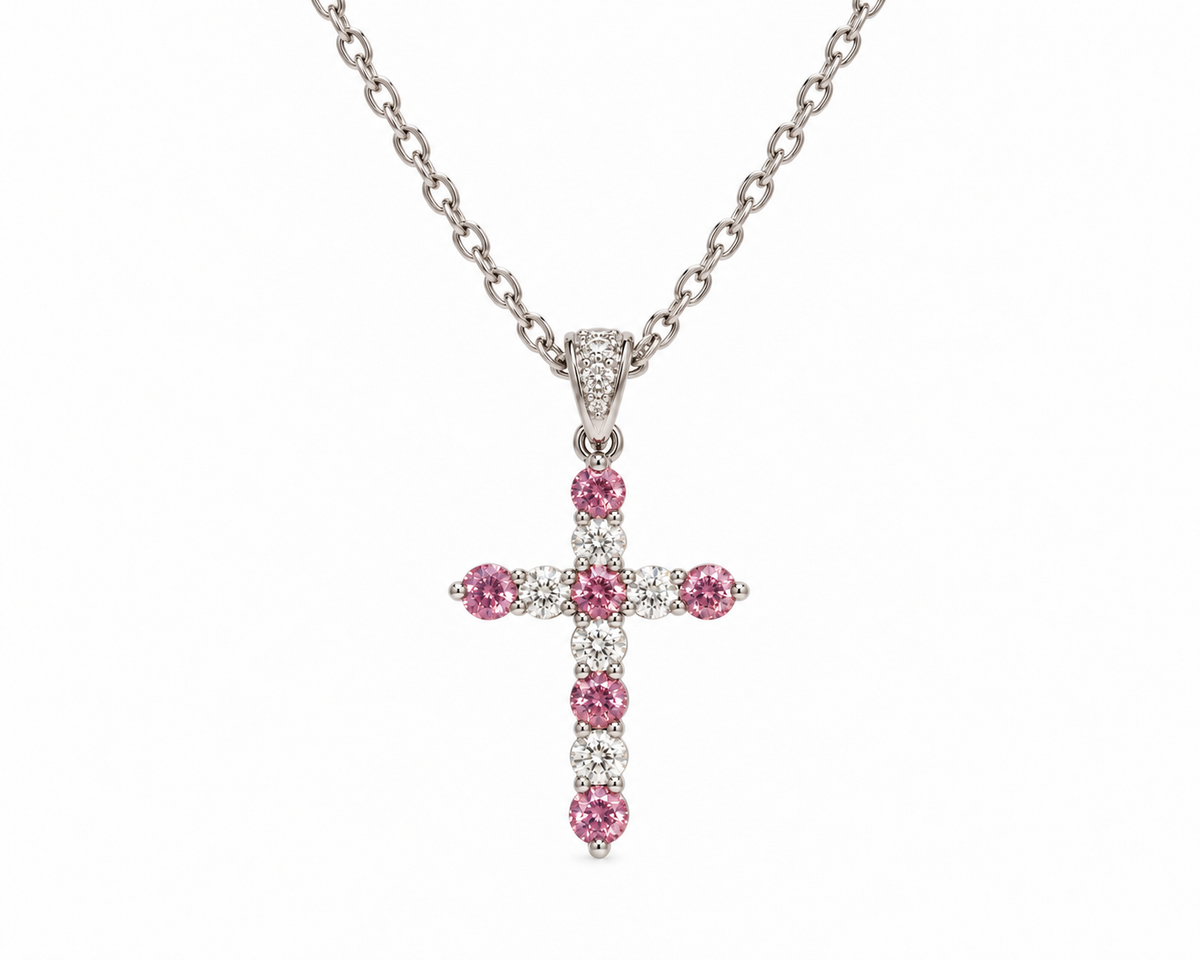 Pink Tourmaline & Lab Diamond Cross Pendant